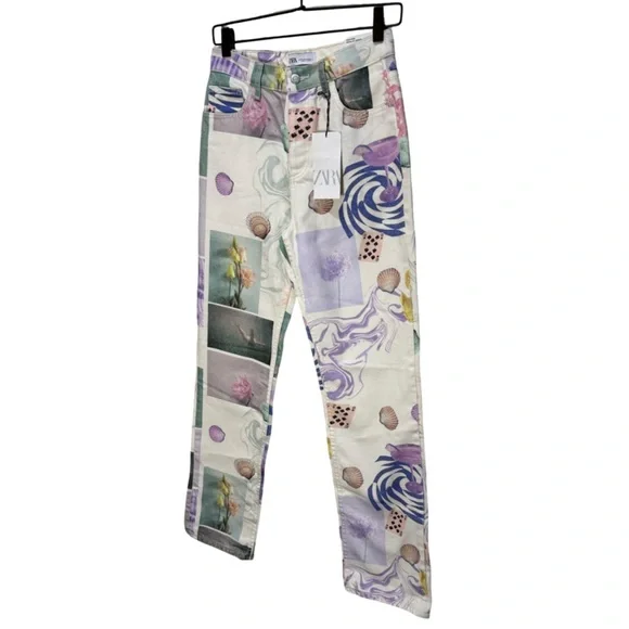 Zara NWT Size 4 Cream Pastel Seashell Art Print Straight Leg Jeans - Picture 3 of 11